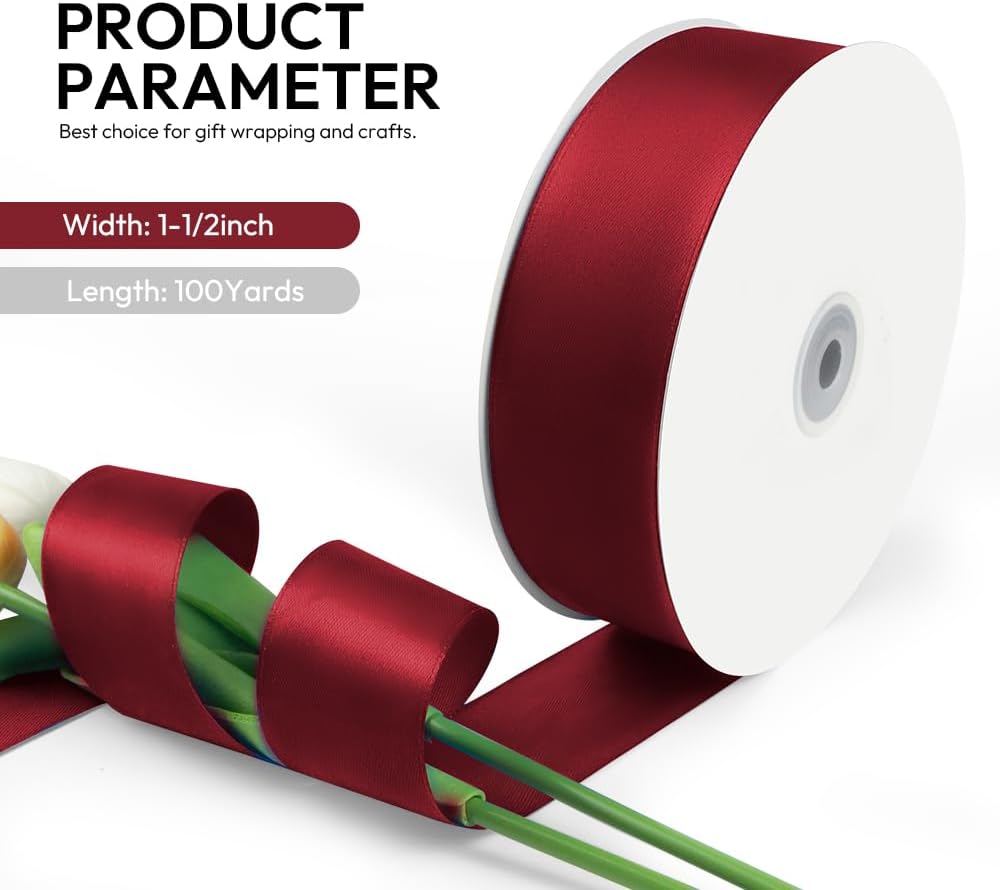 1-1/2 Inch 100 Yards Satin Ribbon Wine Red, Solid Color Fabric Ribbon for Gift Wrapping, Wedding, Polyester Gift Ribbon for Birthday Party Decoration, Craft, Hair, Floral, Sewing