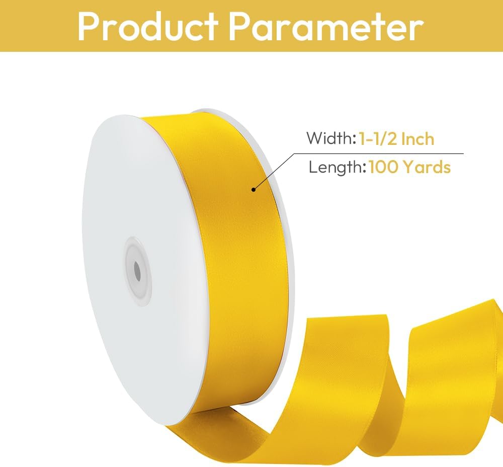 1-1/2" Width x 100 Yards Satin Ribbon, Yellow Ribbon Perfect for DIY Craft, Bows, Gift Wrapping, Flower Bouquet, Valentine's Day, Christmas and Party Decoration