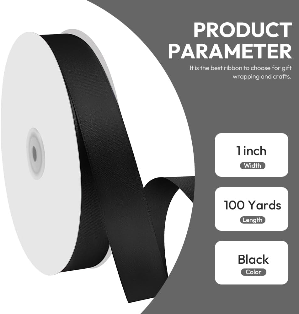 1" x 100 Yards Satin Ribbon - Black Silk Ribbon with Spool - Ideal for Gift Wrapping, Floral Bouquets, Crafts, Wedding Party Decorations, Christmas and Sewing Projects