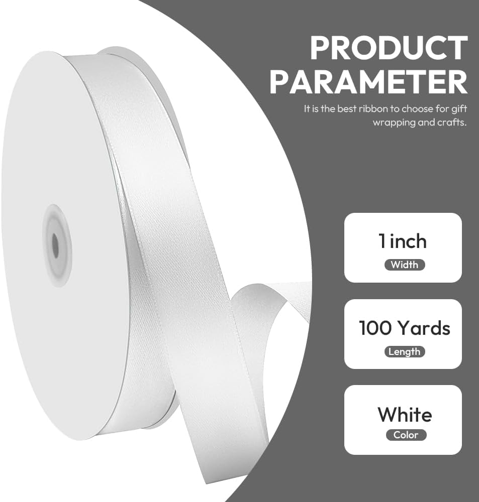 1" x 100 Yards Satin Ribbon - White Silk Ribbon with Spool - Ideal for Gift Wrapping, Floral Bouquets, Crafts, Wedding Party Decorations, Christmas and Sewing Projects