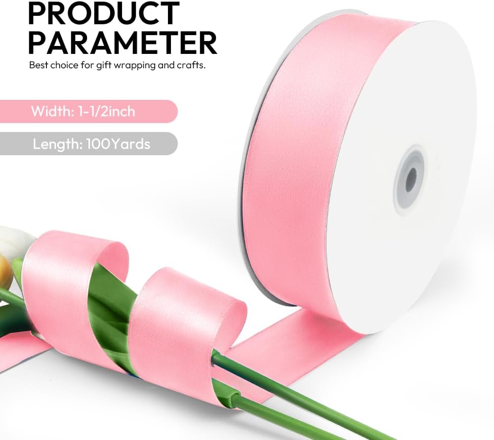 1-1/2 Inch 100 Yards Satin Ribbon Light Pink, Solid Color Fabric Ribbon for Gift Wrapping, Wedding, Polyester Gift Ribbon for Birthday Party Decoration, Craft, Hair, Floral, Sewing