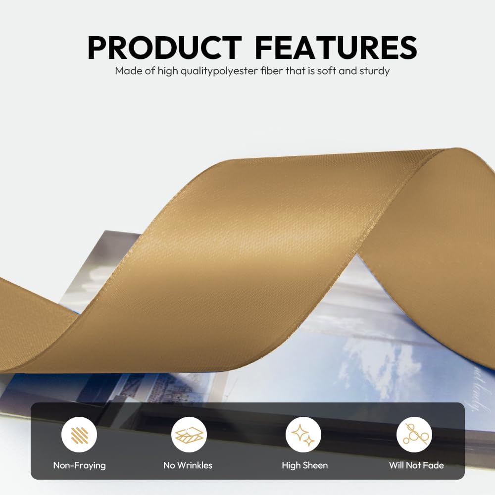 1-1/2 Inch 100 Yards Satin Ribbon Champagne Gold, Solid Color Fabric Ribbon for Gift Wrapping, Wedding, Polyester Gift Ribbon for Birthday Party Decoration, Craft, Hair, Floral, Sewing