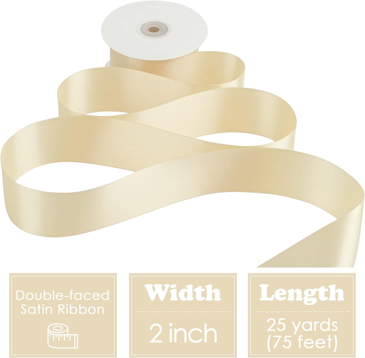 HUIHUANG Champagne Gold Ribbon 2 inch Double-Faced Champagne Satin Ribbon for Wedding Flower Bouquet, Dress Chair Sashes, Invitations Card, Gift Wrapping, Bows, Crafts, Holiday Decor -25 Yards/Roll