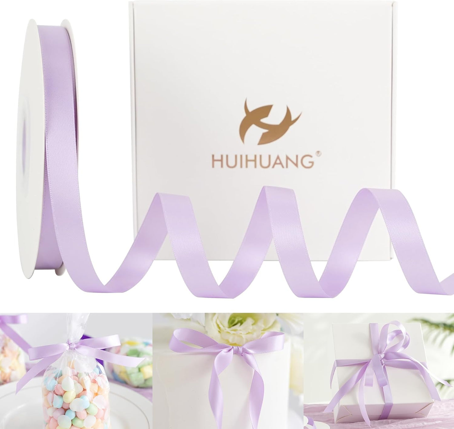HUIHUANG Light Purple Satin Ribbon 1/2 inch Continuous 50 Yards Lilac Double-Faced Satin Ribbon for Gift Wrapping, Bows, DIY Crafts, Flower Bouquet, Wedding Bridal Shower Decor, Holiday Decor