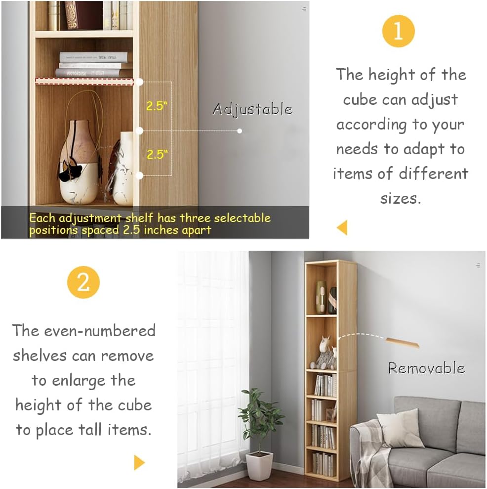 IOTXY Small Narrow Corner Bookcase - 47 Inches Tall Gap Freestanding Storage Cabinet, 5 Lattices Open Shelves Tower Rack, Cubes Bookshelf in Oak