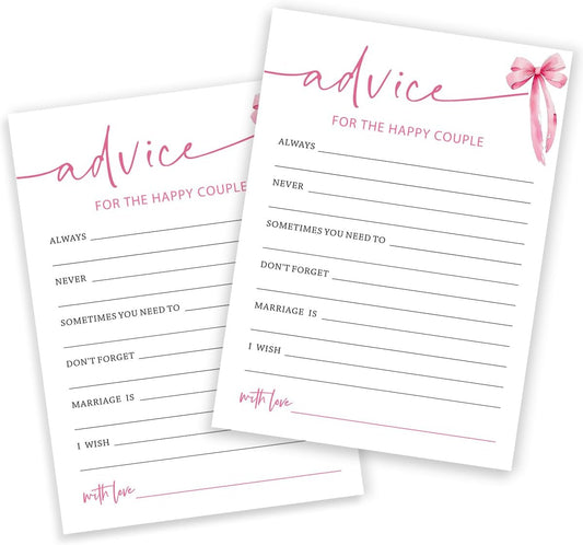 Bridal Shower Games Cards, Advice for The Happy Couple, Bridal Shower Games 25 Guests, Engagement Party Wedding Games for Guests, Pink Ribbon Bow Wedding Party Supplies - E10