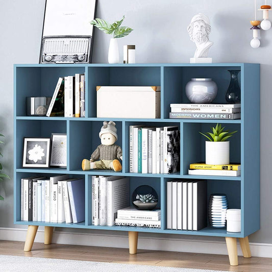 IOTXY Wooden Open Shelf Bookcase - 3-Tier Floor Standing Display Cabinet Rack with Legs, 10 Cubes Bookshelf, Bright Blue