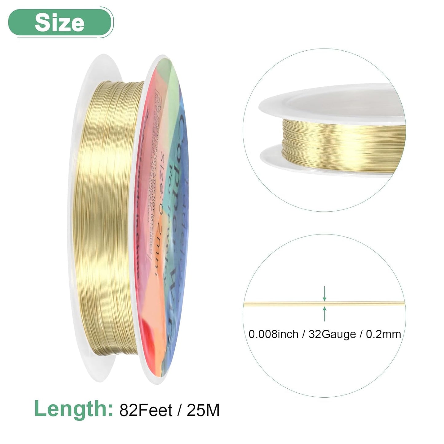 0.2 mm/32 Gauge Copper Wire for Jewelry Making, 82FT Copper Beading Craft Wire for Jewelry/Weaving/DIY Crafting/Planting, Color-Retaining [25M, Light Golden]