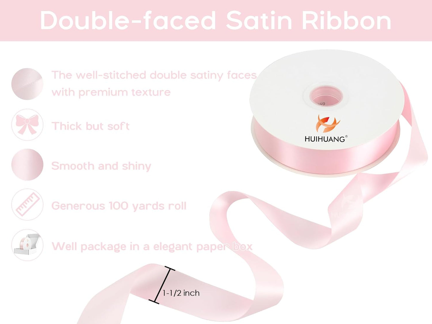 HUIHUANG Pink Satin Ribbon 1-1/2 inch x 100 Yards Light Pink Double-Faced Satin Ribbon for Flower Bouquet, Gift Wrapping, Eternal Roses, DIY Crafts, Bridal Shower Wedding Decor