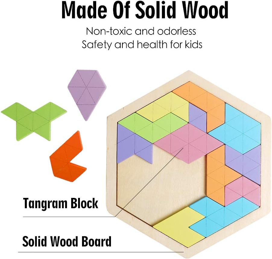 Skrtuan Wooden Hexagon Puzzle for Kid Adults Wooden Blocks Puzzle Brain Teasers Toy Shape Pattern Blocks Tangram Puzzles Games Family Portable Montessori Educational Gift for Kid Children