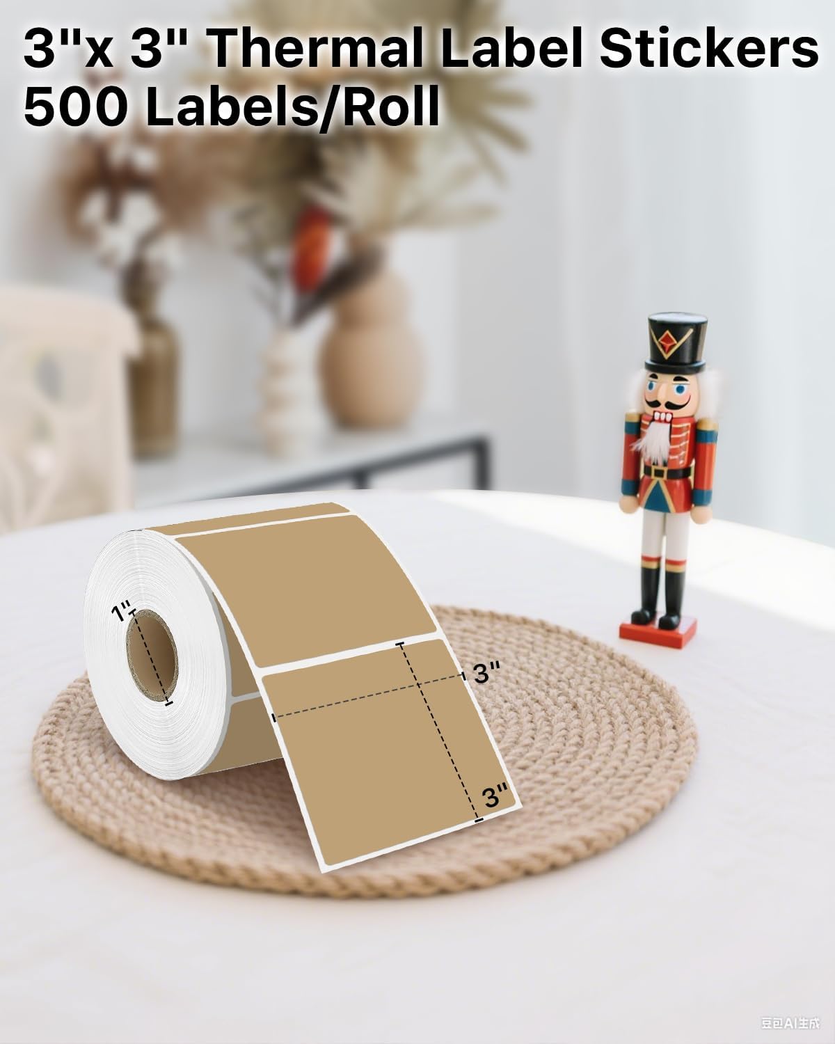 iEager Brown Square Thermal Label Stickers, 3" x 3" Self-Adhesive Square Direct Thermal Labels with Perforation Line, 500 Sheets/Roll