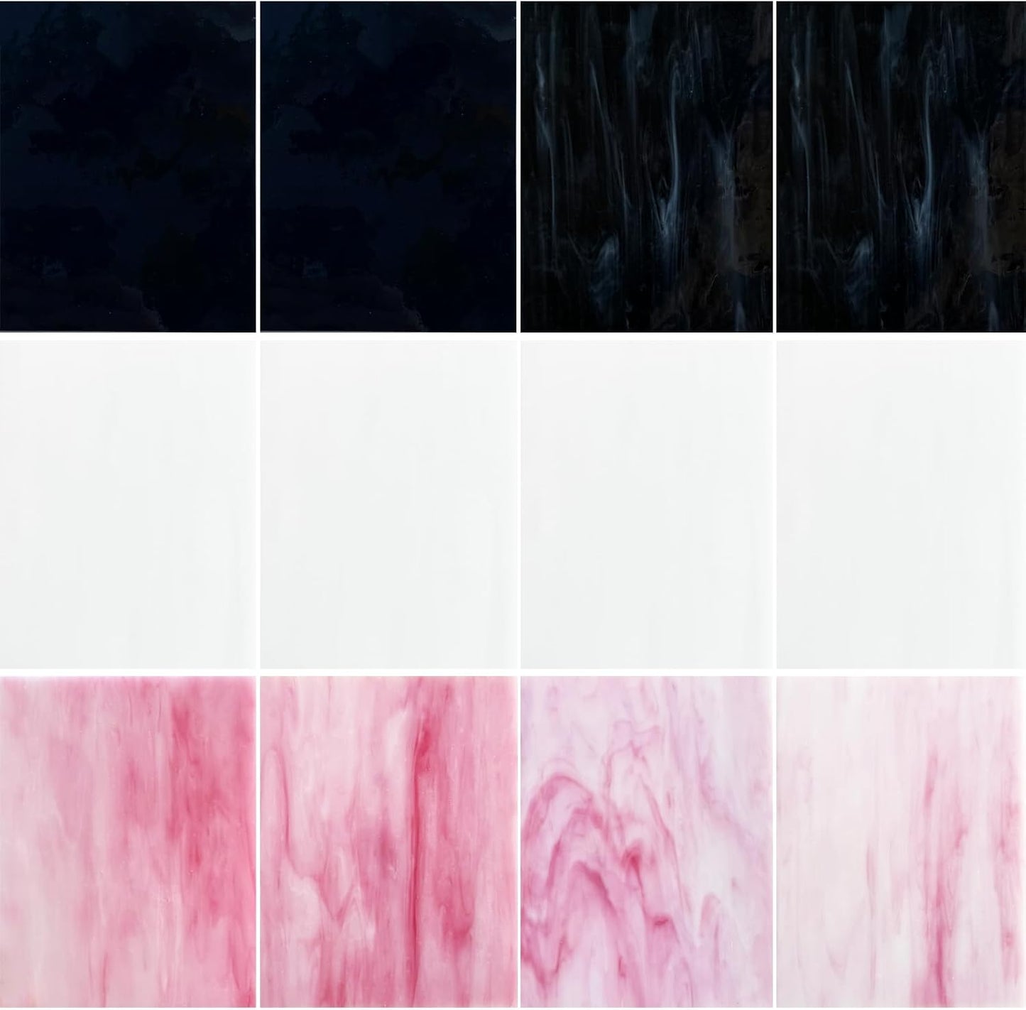ILLUCKAI 12 Sheets Black + White +Pink Stained Glass Sheets, 4 x 6 inch Stained Glass Supplies Mosaic Glass Pieces Tiles for Mosaic Art Crafts