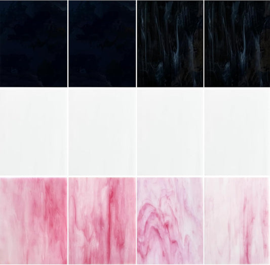 ILLUCKAI 12 Sheets Black + White +Pink Stained Glass Sheets, 4 x 6 inch Stained Glass Supplies Mosaic Glass Pieces Tiles for Mosaic Art Crafts