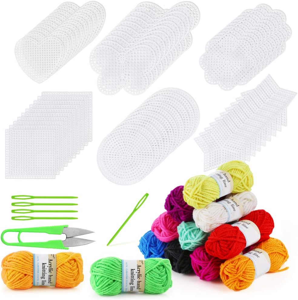 Pllieay 60-Piece Mesh Plastic Canvas Kit - 6 Shapes, 3-Inch Clear Canvas, 12 Colors Acrylic Yarn and Tools for Embroidery, Knit and Crochet Projects
