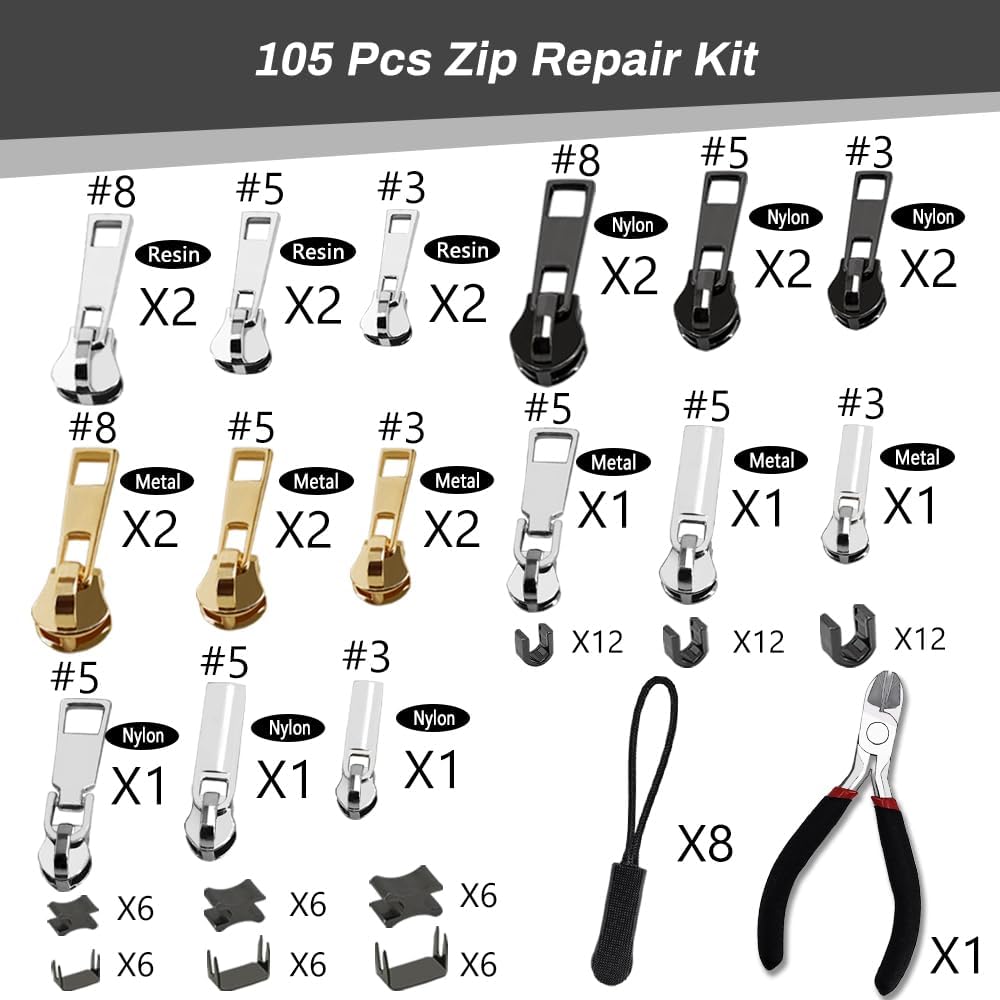 105 Pieces Zipper Repair Kit #3#5#8, Zipper Replacement with Install Plier for Repairing Coats, Jackets, Tents, Backpacks, Sleeping Bag, Luggage