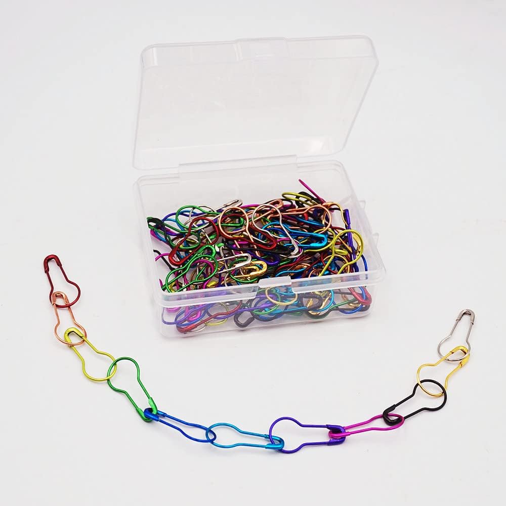 100 Pieces Safety Pins, Bulb Stitch Markers 10 Metalic Colors Assorted Metal Calabash Pins Pear Shape Knitting Pins for Crocheting Clothing Tag DIY Craft Project with Storage Box