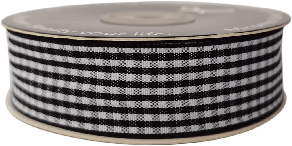 1 Inch Black and White Woven Edge Gingham Ribbon 25 Yards Each Roll 100% Polyester (1", Black)