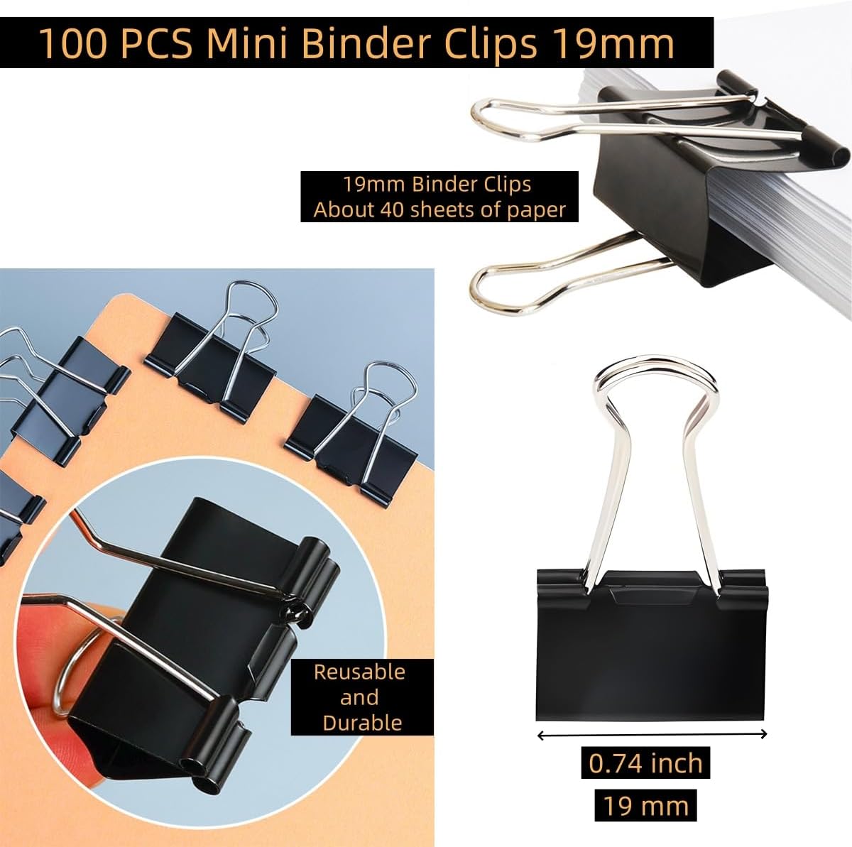 100 PCS Mini Binder Clips, 3/4 inch 19mm Binder Clips, Black Paper Clamps Small Size for Office, Home, School, Document Organizing (0.74 inch)