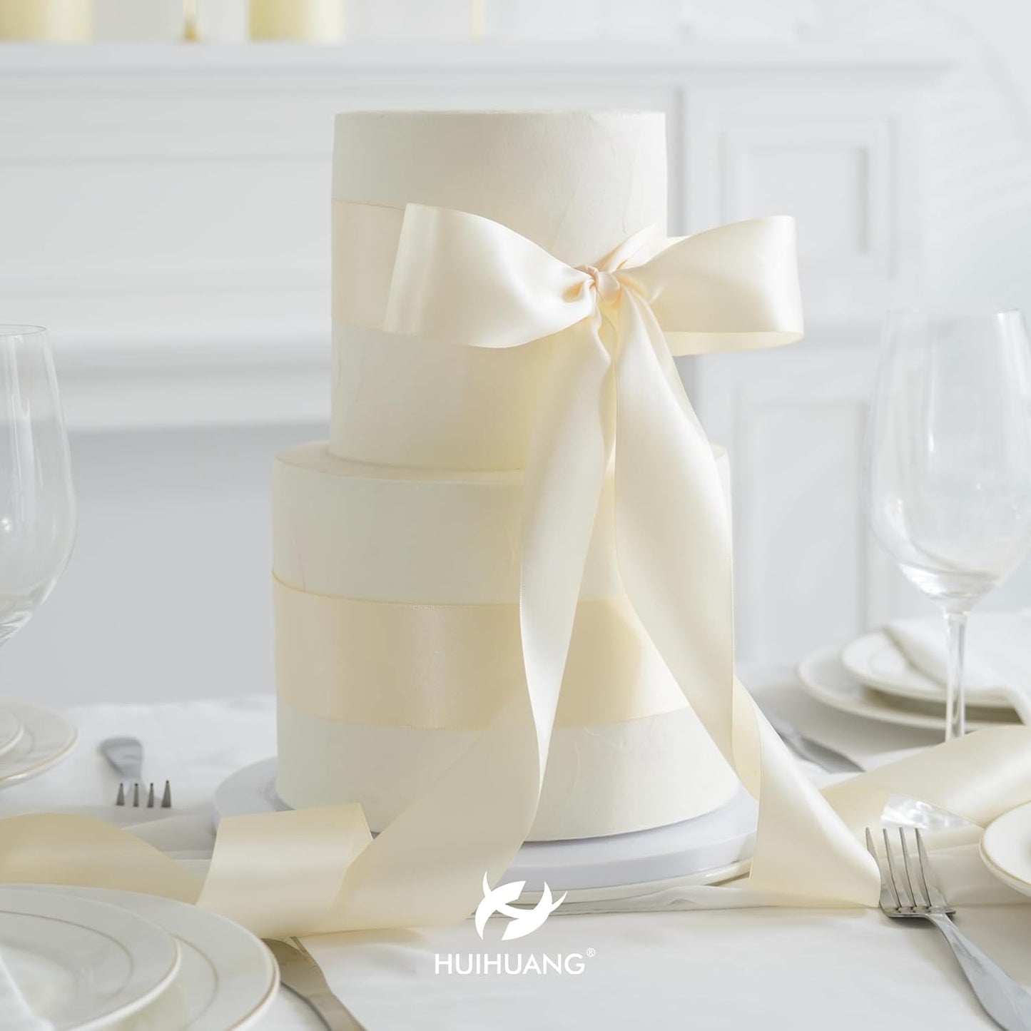 HUIHUANG Ivory Satin Ribbon 2 inch Wide Double Faced Satin Ribbon Beige Ribbon for Gift Wrapping, Bows Making, Flower Bouquet, DIY Crafts, Bridal Shower, Holiday Party Decor -25 Yards/Roll