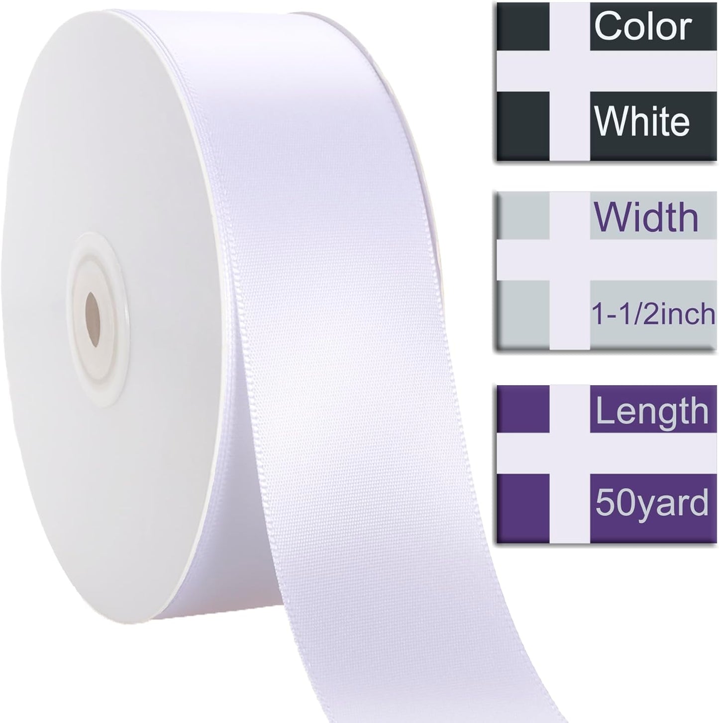 1-1/2 Inch White Ribbon, 50 Yards Craft Polyester Satin Ribbon Perfect for Gift Wrapping, Handmade Roses, Wedding Party Decorations and DIY Crafts