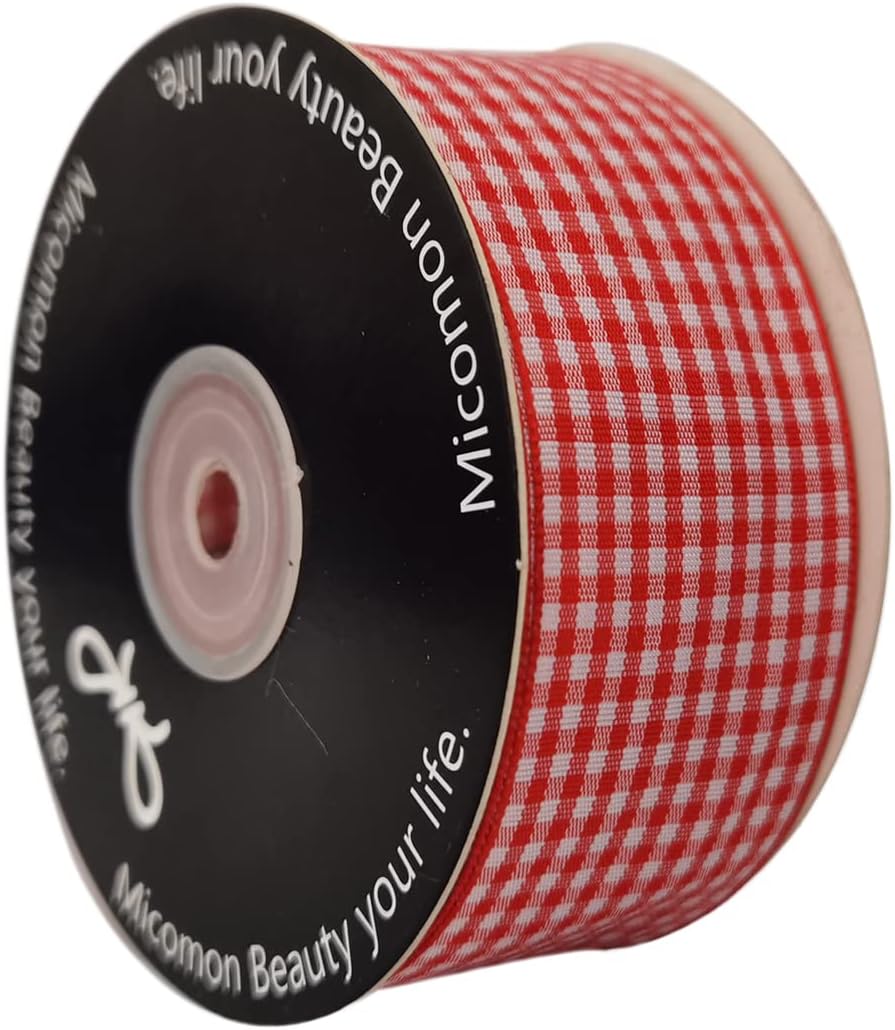 1.5 Inch Red and White Woven Edge 100% Polyester Gingham Ribbon 25 Yards Each Roll (1-1/2", Red)