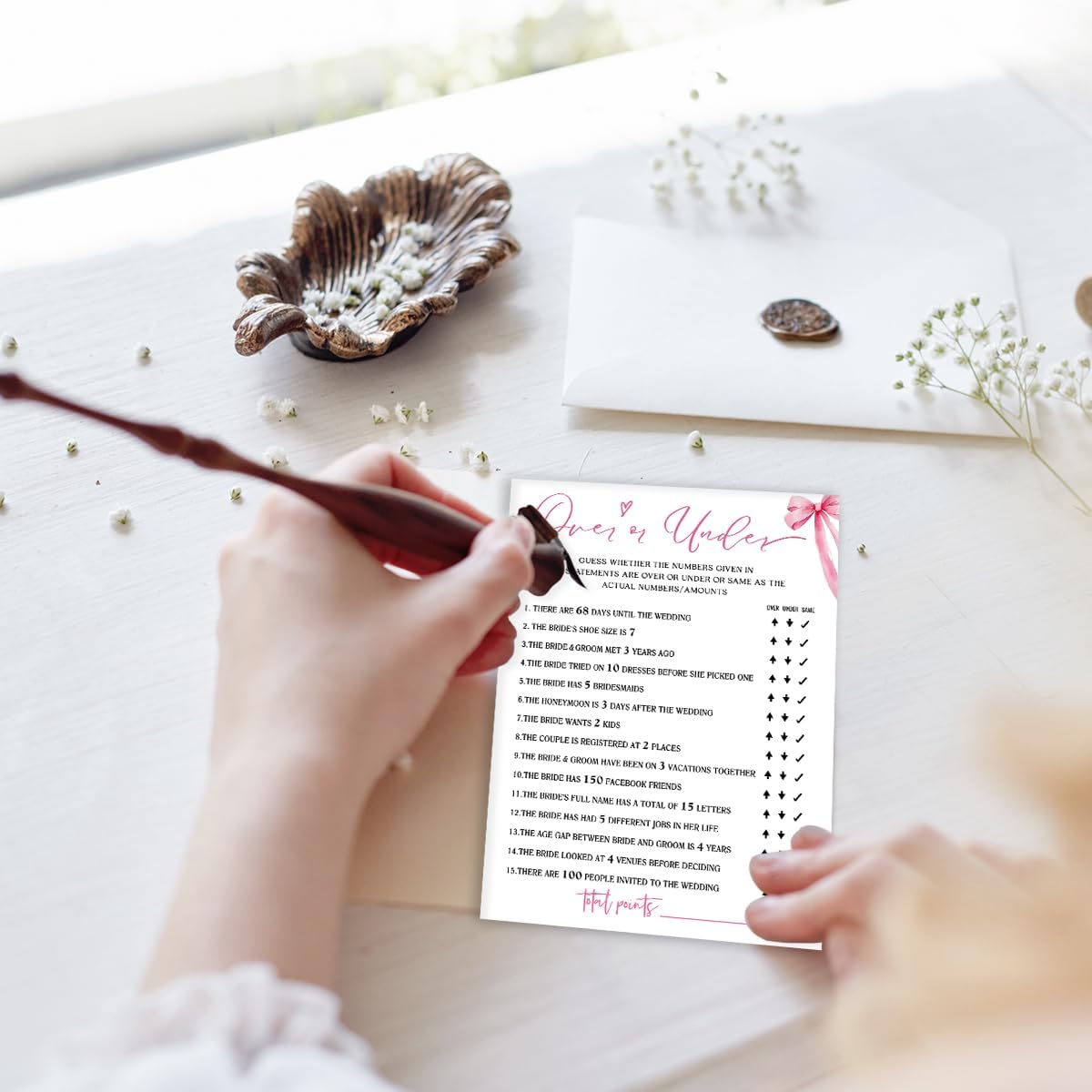 Bridal Shower Games Cards, Guess Over or Under, Bridal Shower Games 25 Guests, Engagement Party Wedding Games for Guests, Pink Ribbon Bow Wedding Party Supplies - E13