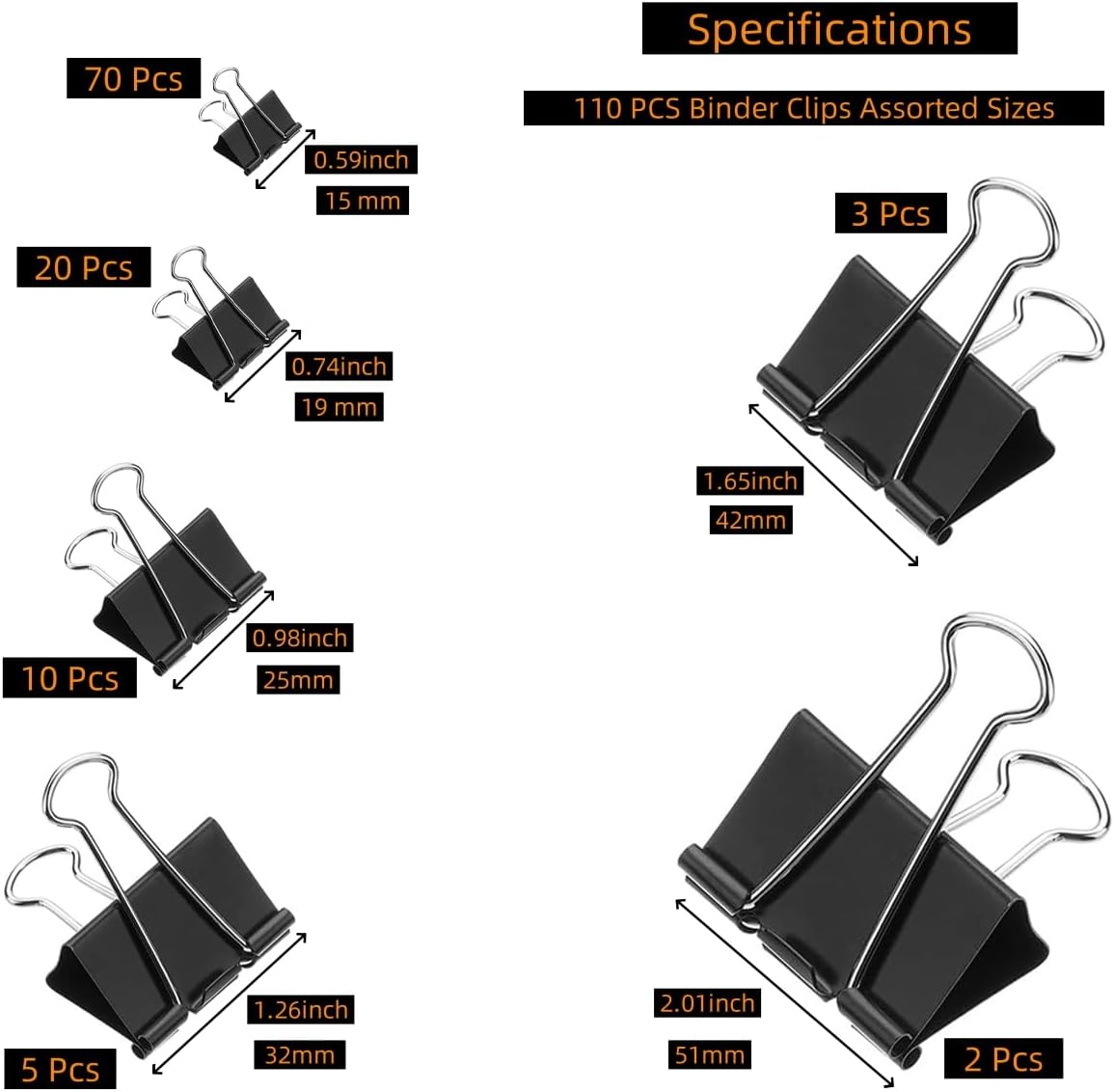 110 PCS Binder Clips, Assorted Sizes, (51mm,42mm,32mm,25mm,19mm,15mm), Binder Clips Paper Clamps for Office, Home, School, Document Organizing