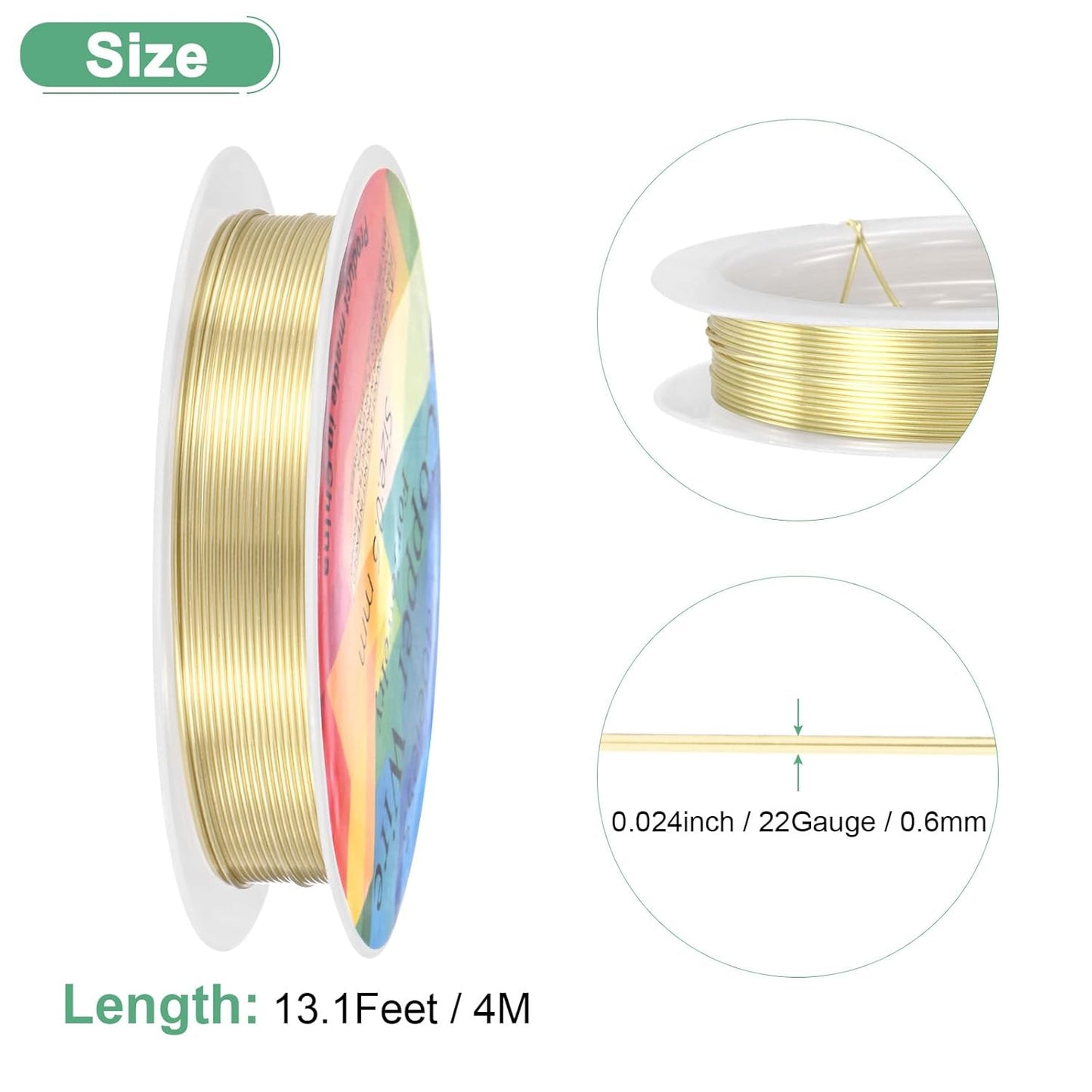 0.6 mm/22 Gauge Copper Wire for Jewelry Making, 13.1FT Copper Beading Craft Wire for Jewelry/Weaving/DIY Crafting/Planting, Color-Retaining [4M, Light Golden]