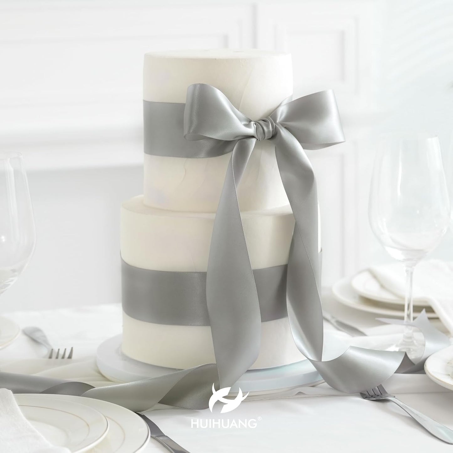 HUIHUANG Silver Satin Ribbon 2 inch Wide Double Faced Satin Ribbon Silver for Gift Wrapping, Bows Making, Flower Bouquet, DIY Crafts, Wedding, Holiday Party Decor - 25 Yards/Roll