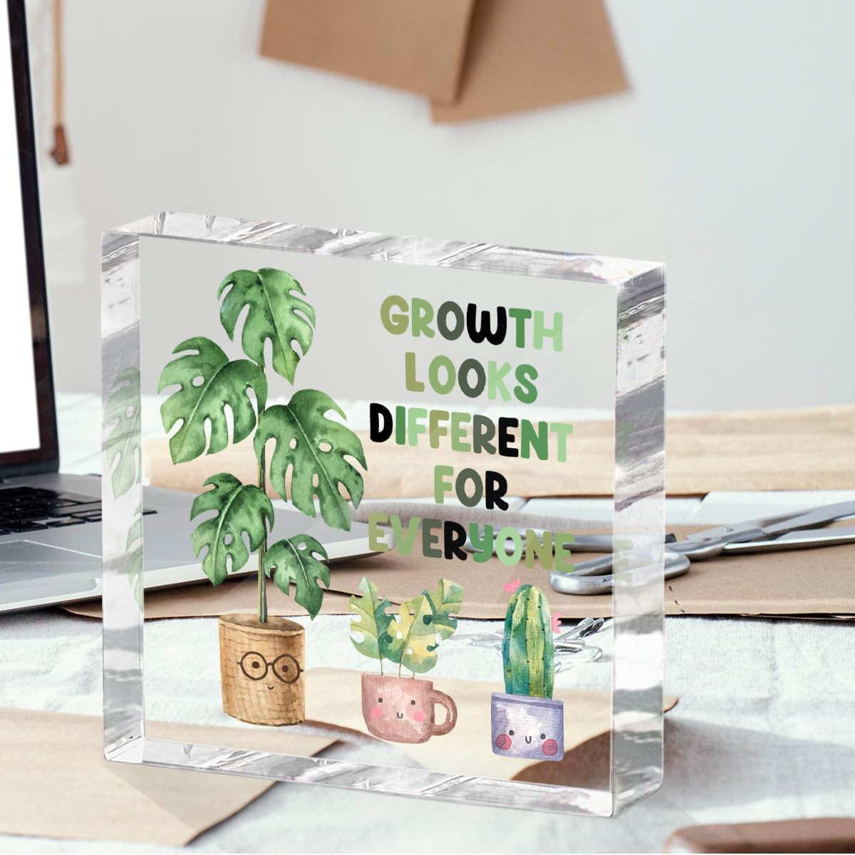 Inspirational Quote Desk Decor Acrylic Sign 4X4 Inch, Watercolor Greenery Positive Affirmation Decorative Signs for Shelf Tabletop Cubicle Room Office, Greenery Gifts for Women Friends