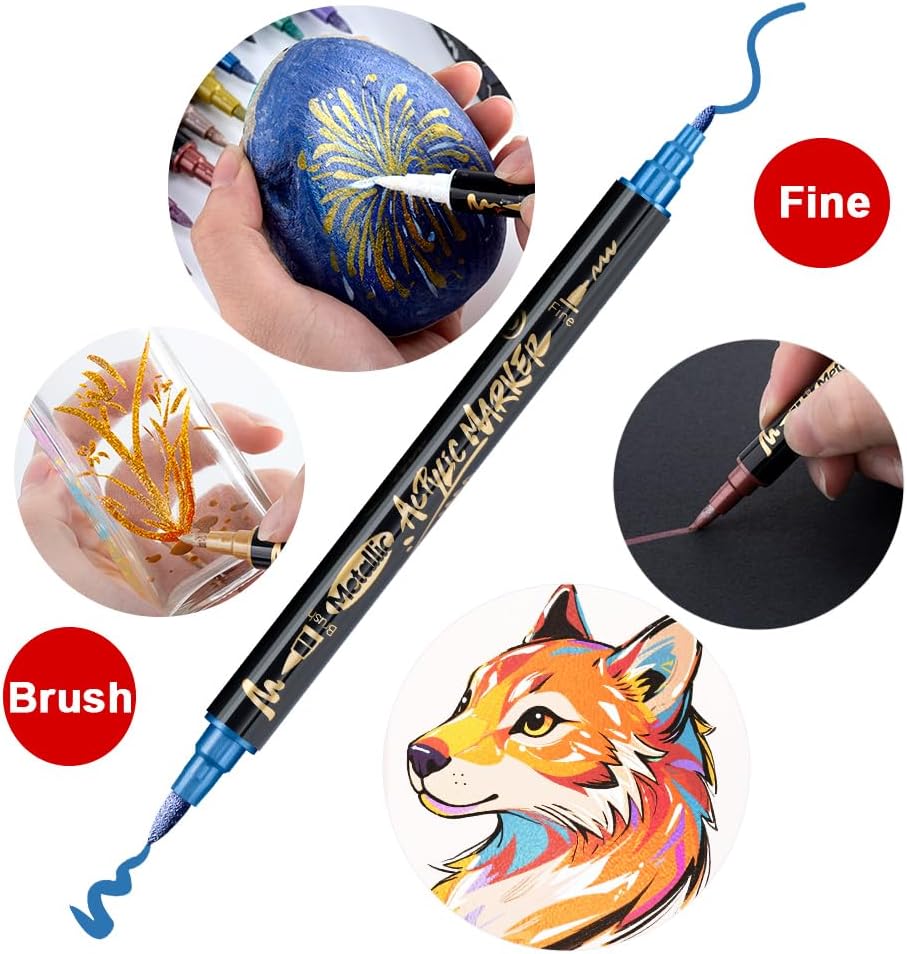 TRANSON 12Colors Metallic Paint Markers Brush and Fine Dual-tip for Rock Wood Ceramic Canvas DIY Painting Drawing