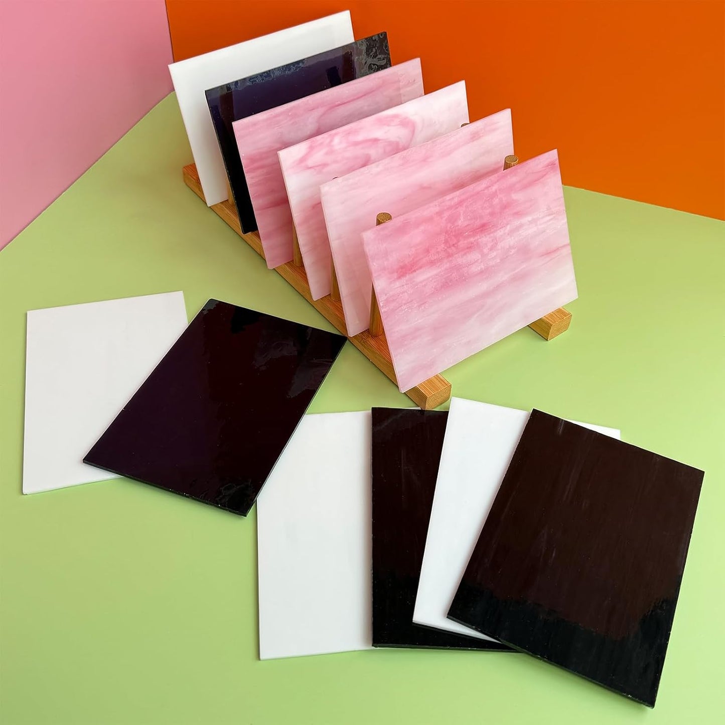 ILLUCKAI 12 Sheets Black + White +Pink Stained Glass Sheets, 4 x 6 inch Stained Glass Supplies Mosaic Glass Pieces Tiles for Mosaic Art Crafts