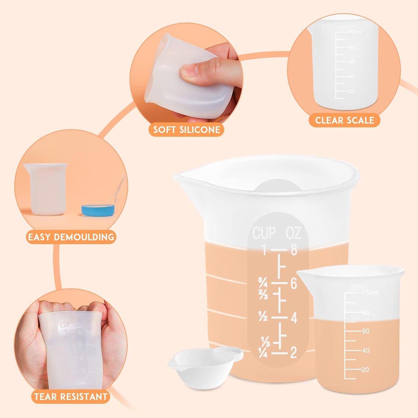 Silicone Resin Measuring Cups Tool Kit, Non-Stick Silicone Cups for Epoxy Resin, Reusable 250&100ml Silicone Mixing Cups with Stir Sticks, Pipettes, Epoxy Resin Supplies, Molds, Jewelry Making