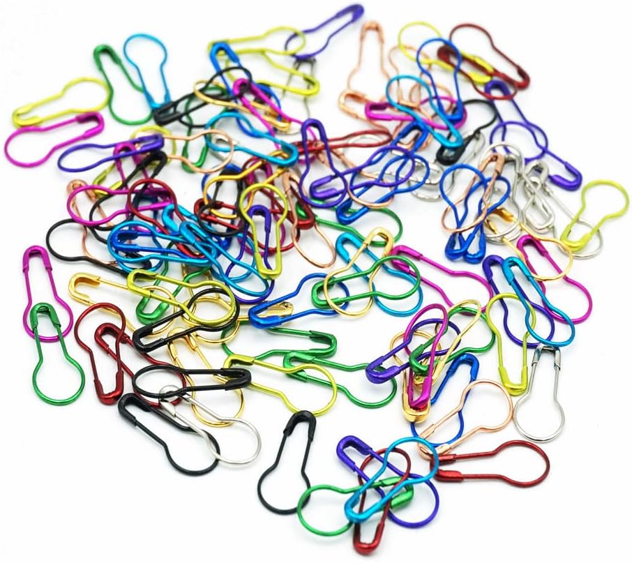 100 Pieces Safety Pins, Bulb Stitch Markers 10 Metalic Colors Assorted Metal Calabash Pins Pear Shape Knitting Pins for Crocheting Clothing Tag DIY Craft Project with Storage Box