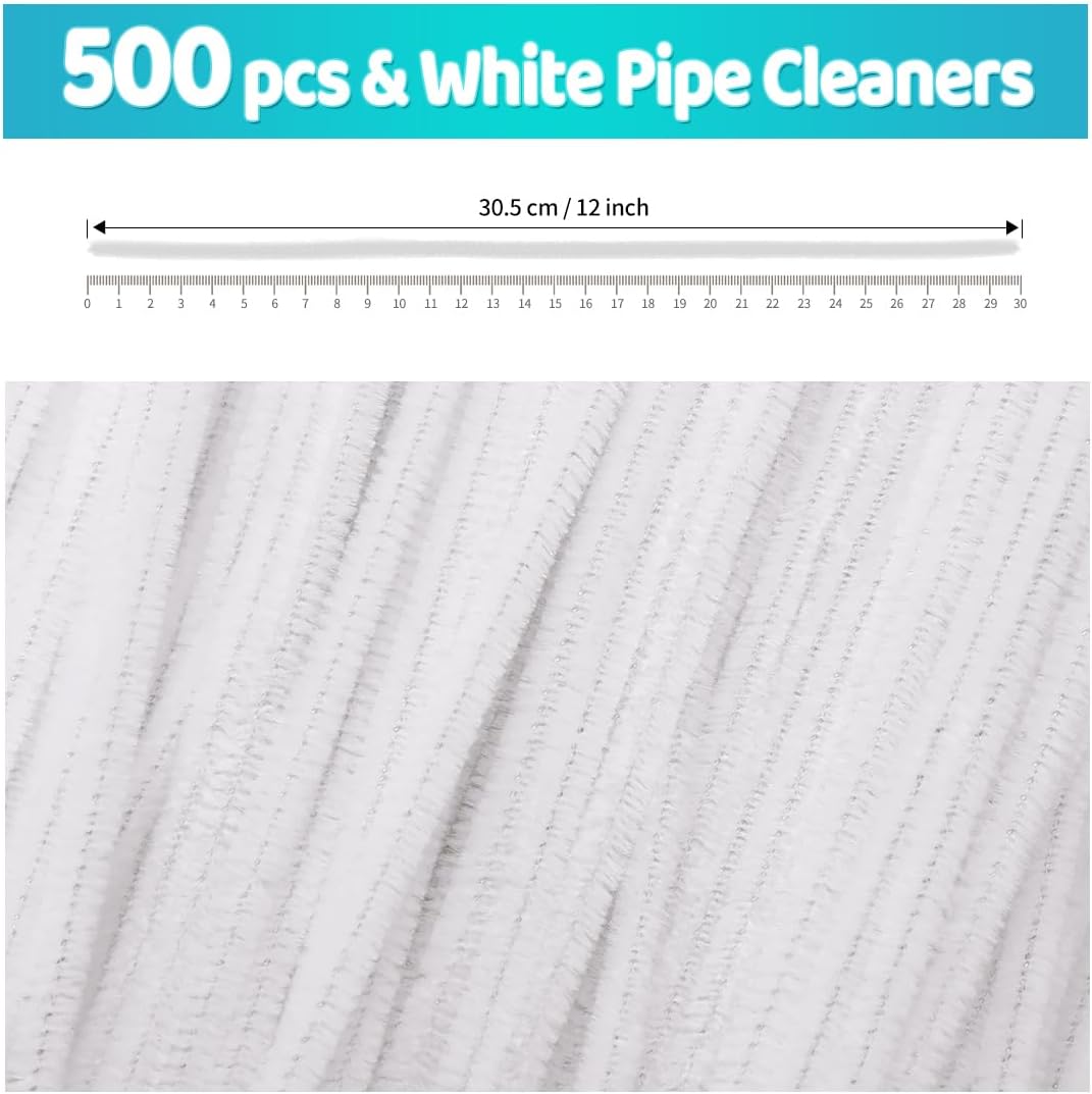 Iooleem 500pcs White Pipe Cleaners, Chenille Stems, Pipe Cleaners for Crafts, Pipe Cleaner Crafts, Art and Craft Supplies.