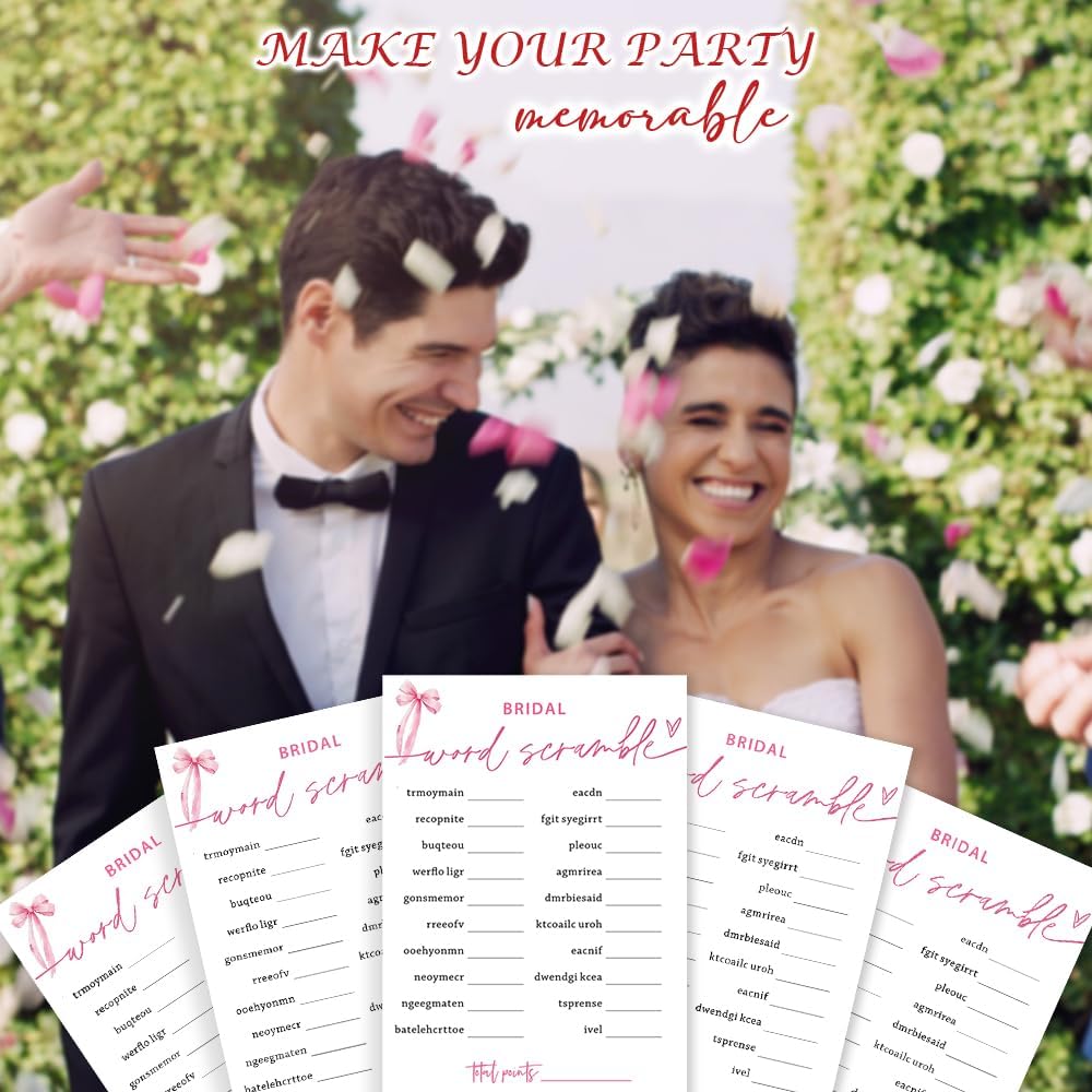 Bridal Shower Games Cards, Bridal Word Scramble, 25 Cards with 1 Answer Card, Engagement Party Games for Guests, Pink Ribbon Bow Wedding Party Supplies - E14