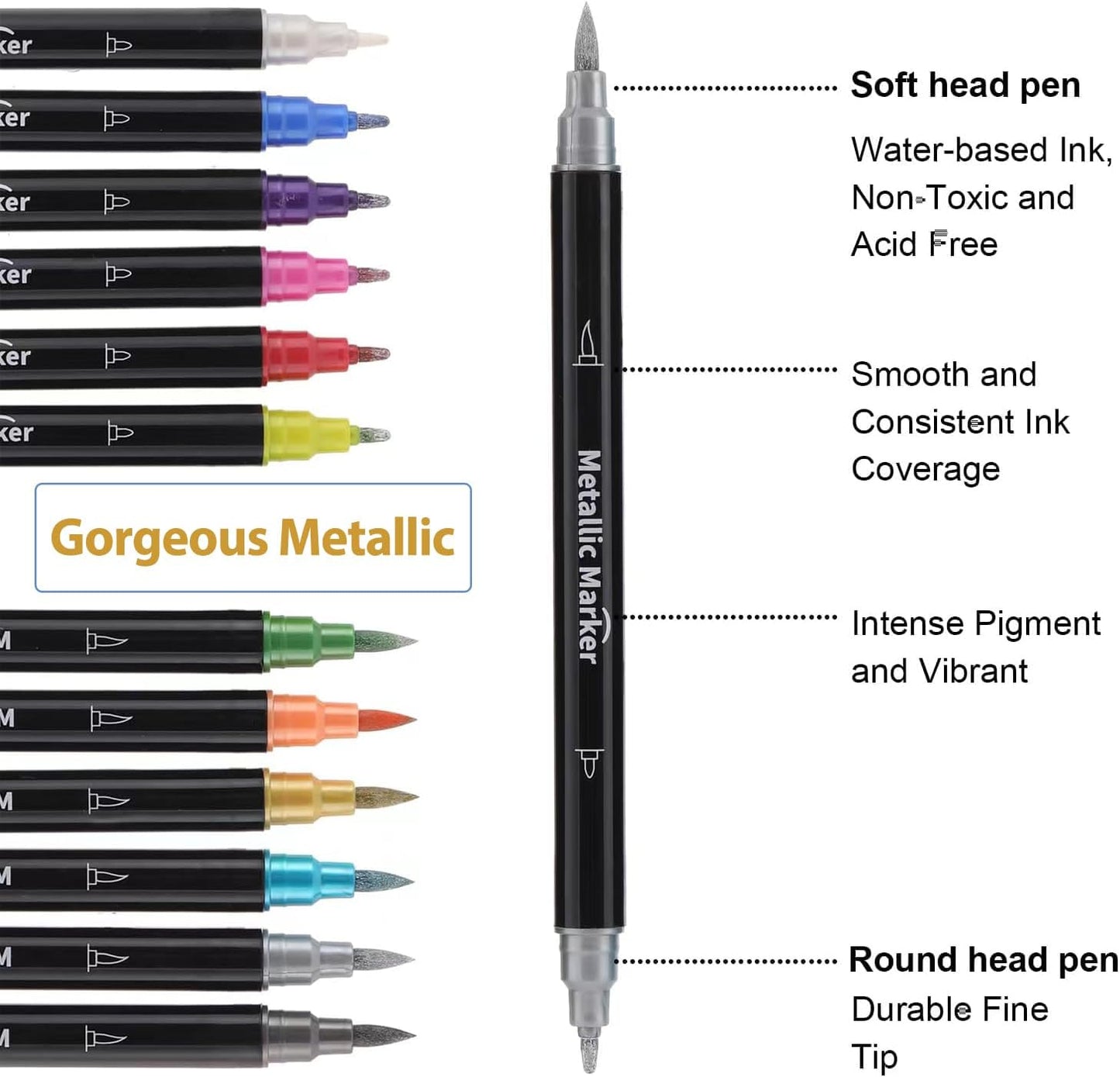 Colourcolor Pack of 12 Metallic Marker Pens - Dual Tip Brush & Fine Point Pens for DIY Album, Black Cards, Rock Painting, Card Making, Scrapbooking, Fabric, Metal, Ceramics, Wine Glass