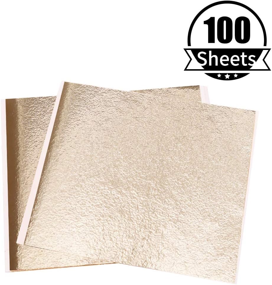 Imitation Gold Foil Sheets - KINNO Antique Gold Leaf Paper for Arts Decoration, Gilding, Nails, Handcrafts, Picture Frames, Sculpture, Furniture, and Wall, Paintings, 100 Sheets 5.1 by 5.3 Inches