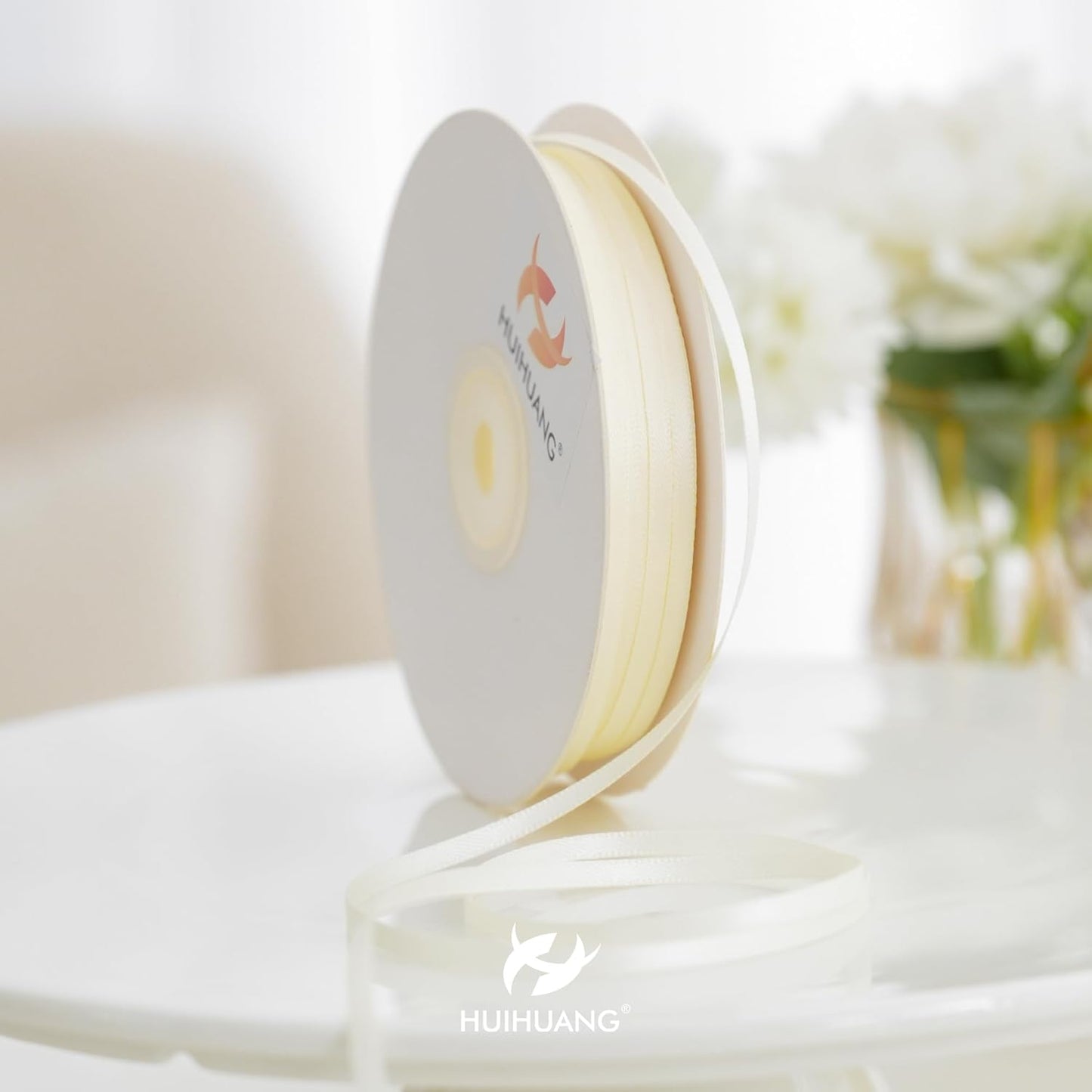 HUIHUANG Solid Color Satin Ribbon 1/8 inch x 100 Yards Roll Ribbon Thin Small Satin Double Faced Ribbon for Crafts Gift Wrapping Wedding Invitation Card DIY Bows(Beige/Ivory)