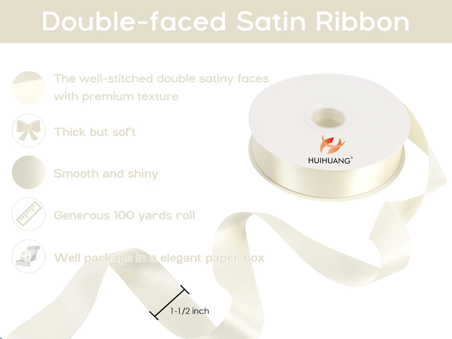 HUIHUANG Ivory Satin Ribbon 1-1/2 inch x 100 Yards Antique White Double-Faced Satin Ribbon for Flower Bouquet, Gift Wrapping, Eternal Roses, DIY Crafts, Bridal Shower Wedding Decor