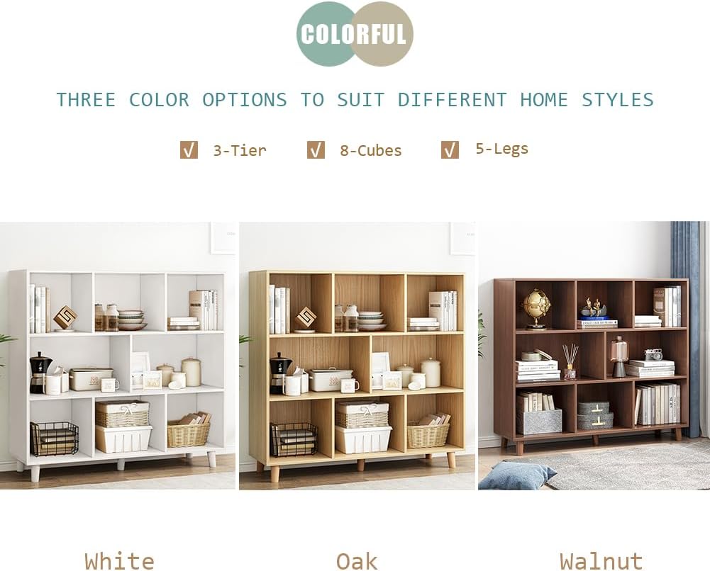 IOTXY Open Cube Low Bookcase - 3-Tier Freestanding Storage Display Cabinet Organizer with Legs for Home Office, 8-Cubes Open Shelf Short Bookshelf, Oak