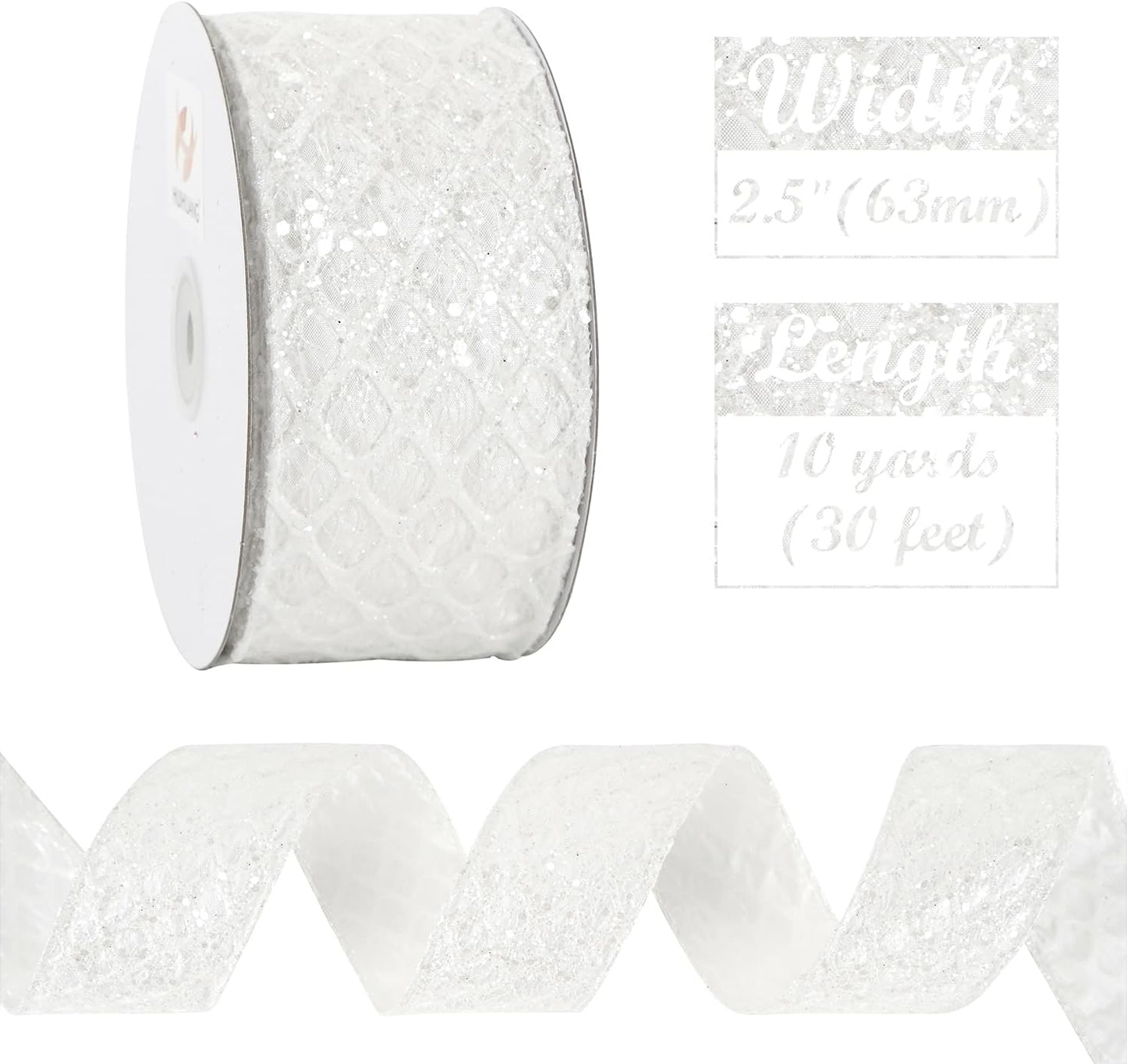 HUIHUANG White Glitter Wired Ribbon for Christmas Tree 2.5 inch White Diamond Mesh Wire Ribbon for Tree Decoration, Wreaths, Garland, Gift Wrapping, Large Bows Making, Home Decor -10 Yards