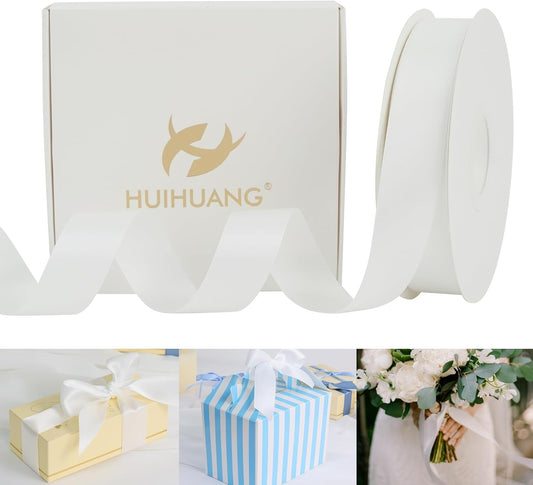 HUIHUANG White Satin Ribbon 1 inch x 50 Yards Double-Faced Polyester Silk Satin Ribbon for Gift Wrapping, Invitations, Hair, Bows Making, Holiday Decor, Flower Bouquet