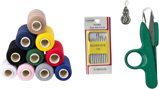 10 Colors Serger Sewing Thread and Small Scissors - 10 Cones Threads of 500 Yards Each Spool | Sewing Clips Quilting Materials Heavy-Duty Sewing Machine Threads and Small Scissors | Lace,Ribbon Yarn