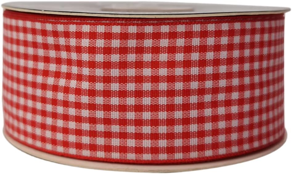 1.5 Inch Red and White Woven Edge 100% Polyester Gingham Ribbon 25 Yards Each Roll (1-1/2", Red)