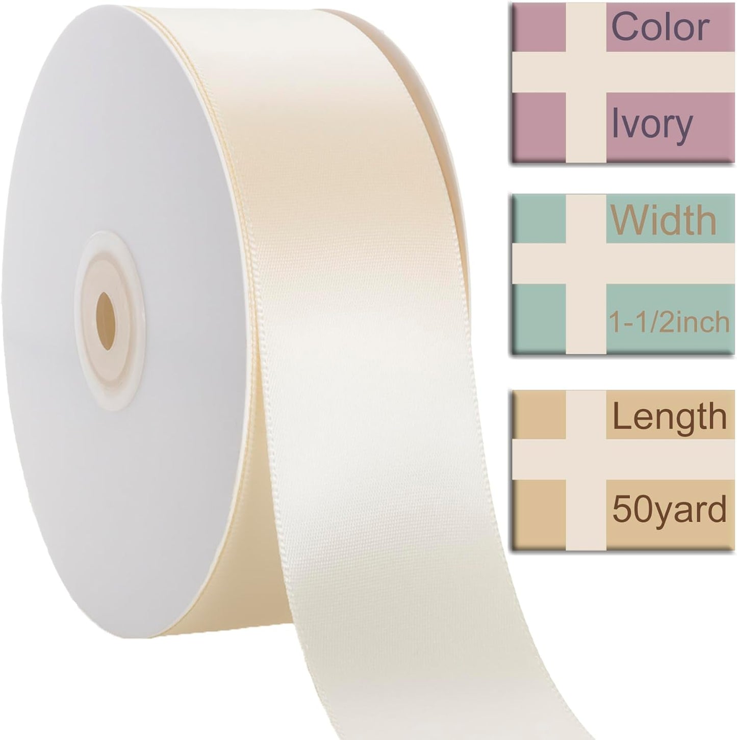 1-1/2 Inch Ivory Ribbon, 50 Yards Craft Polyester Satin Ribbon Perfect for Gift Wrapping, Handmade Roses, Wedding Party Decorations and DIY Crafts