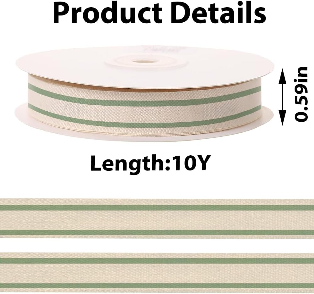 10 Yards × 3/5 Inch Green Natural Cotton Ribbon, Double Sided Webbing Straps Ribbons, Birthday Wedding Valentines Ribbons for Crafting, DIY Sewing, Gift Wrapping
