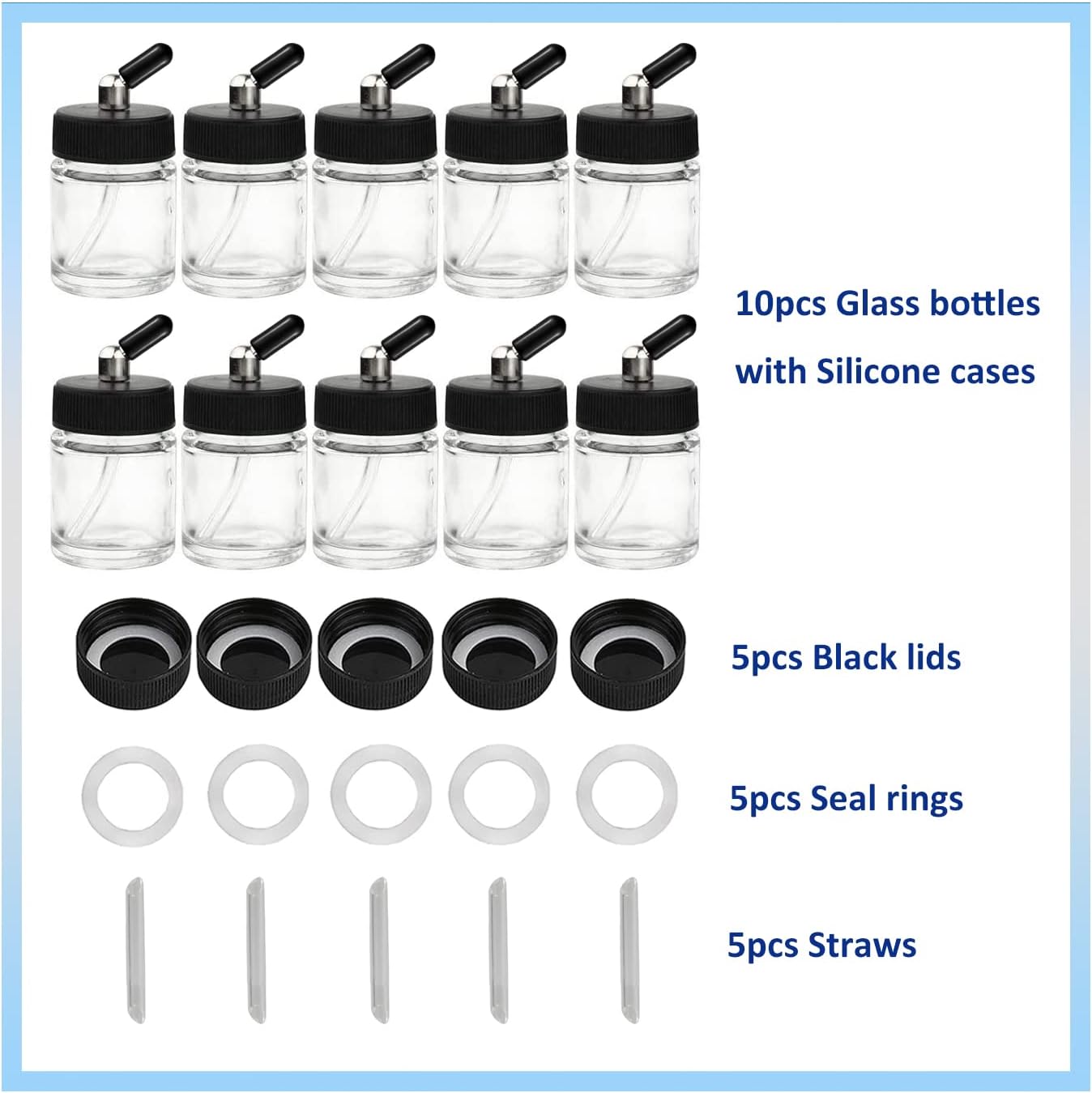 10pcs Airbrush Glass Bottles(60°Down Angle) 3/4oz 22cc with Jar Caps and Extra Lids O-Rings Straws,Airbrush Paint Storage Jars,for Dual Action Airbrush
