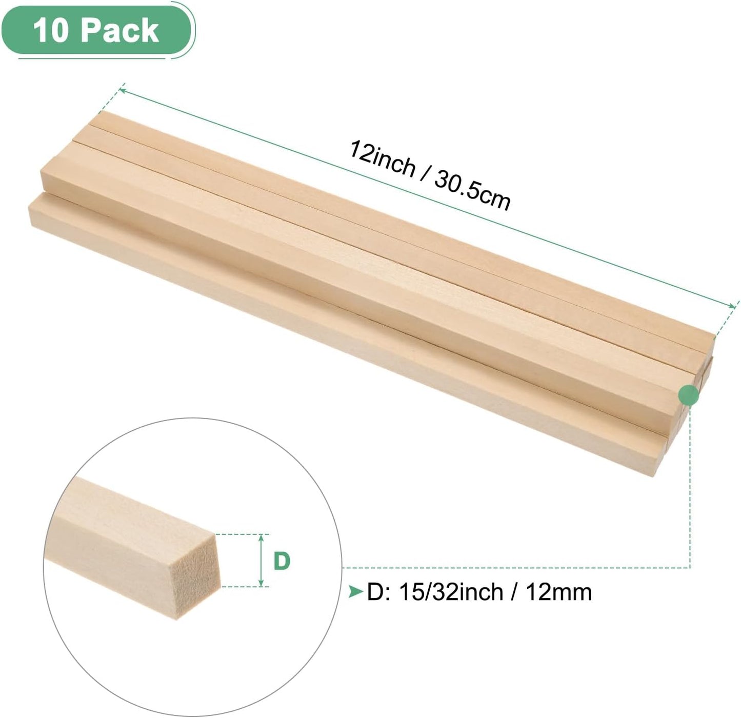 10-Pack Wood Square Dowel Rods, 15/32 x 12 Inch Unfinished Wooden Square Dowel Rods for Crafts/DIY Projects/Models Making