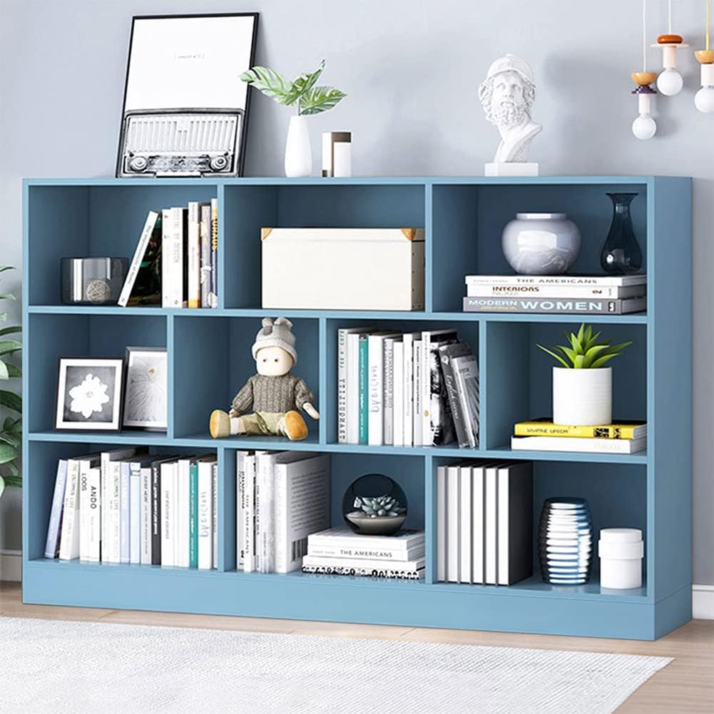 IOTXY Open Shelf Low Bookcase - Wooden 3-Tier Floor Standing Display Cabinet Organizer with Base, 10 Cubes Short Horizontal Bookshelf in Bright Blue
